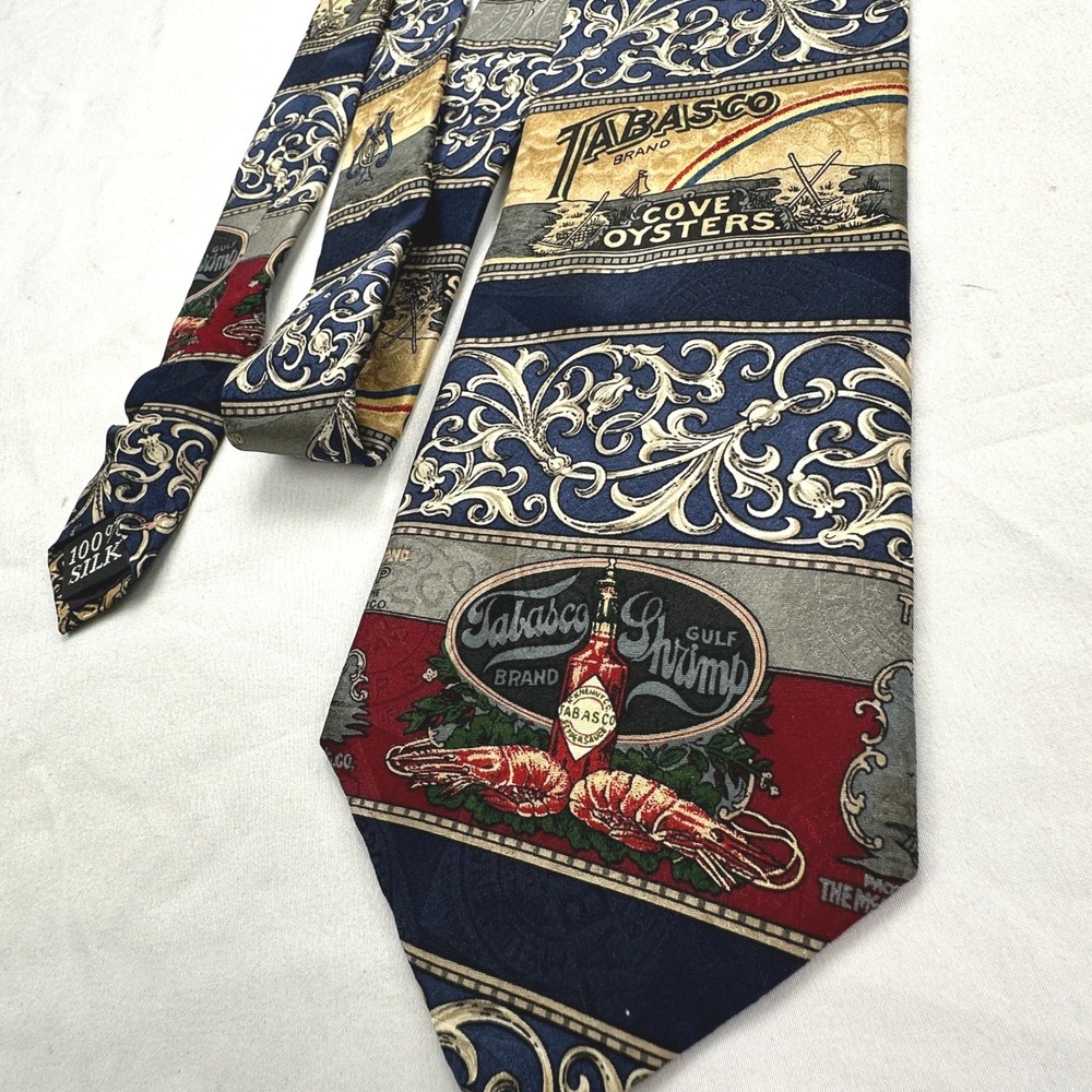 Tabasco Novelty Silk Seafood Oysters Shrimp Navy Blue Filigree Necktie Avery Is